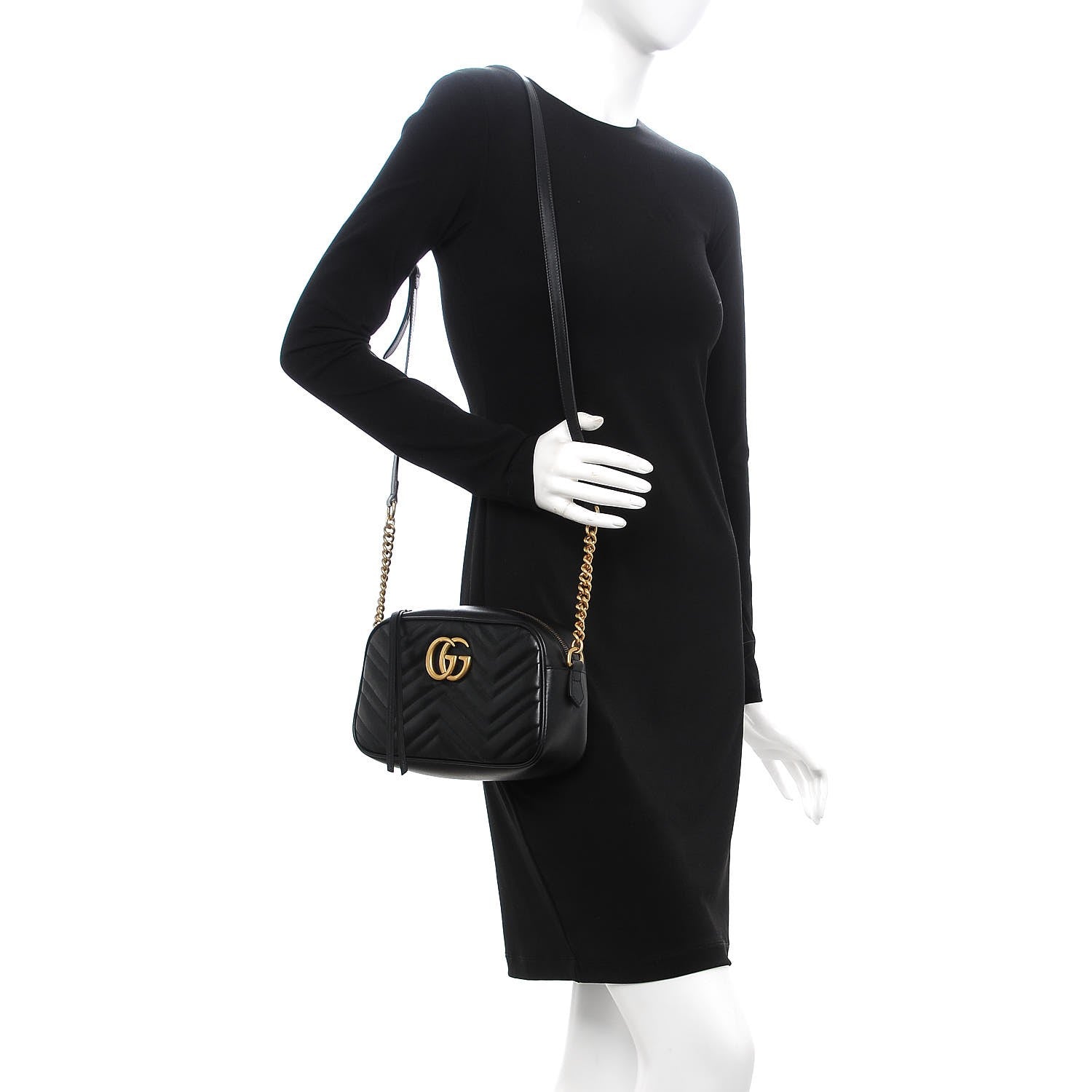 Gucci Calfskin Matelasse Small GG Marmont Chain Shoulder Bag Black 2 of 8