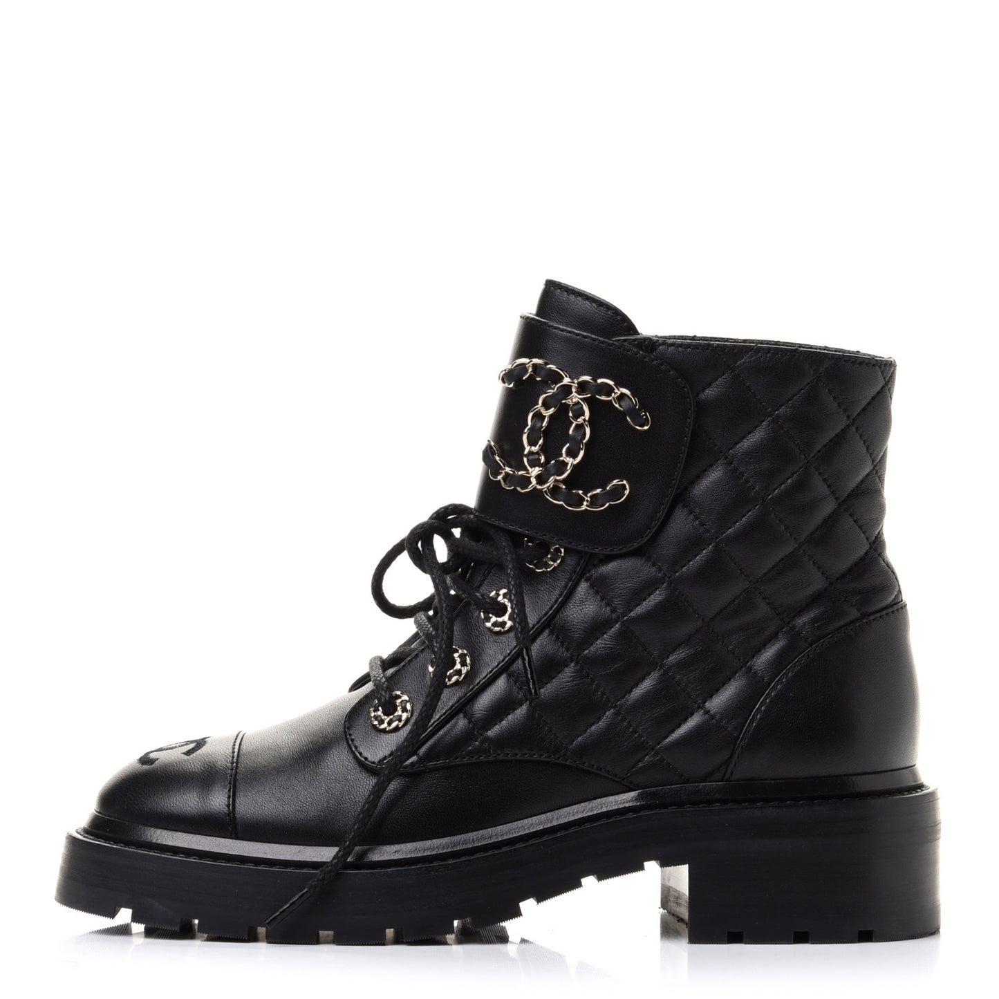 Shiny Lambskin Quilted Lace Up Combat Boots 36 Black