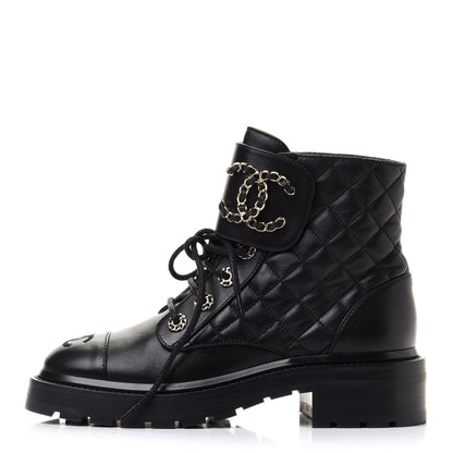 Chanel Shiny Lambskin Quilted Lace Up Combat Boots 36 Black 1 of 10