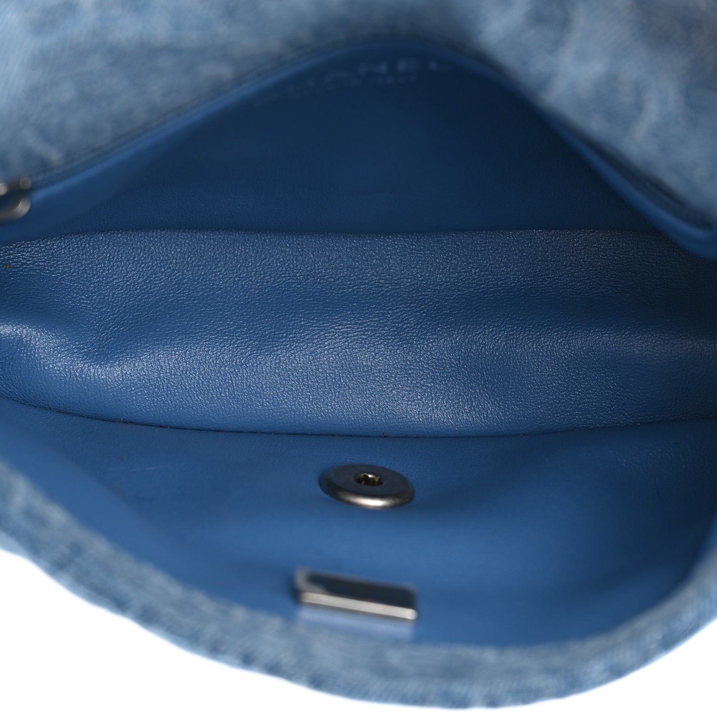 Denim Quilted Camellia Sweetheart Mini Flap Blue