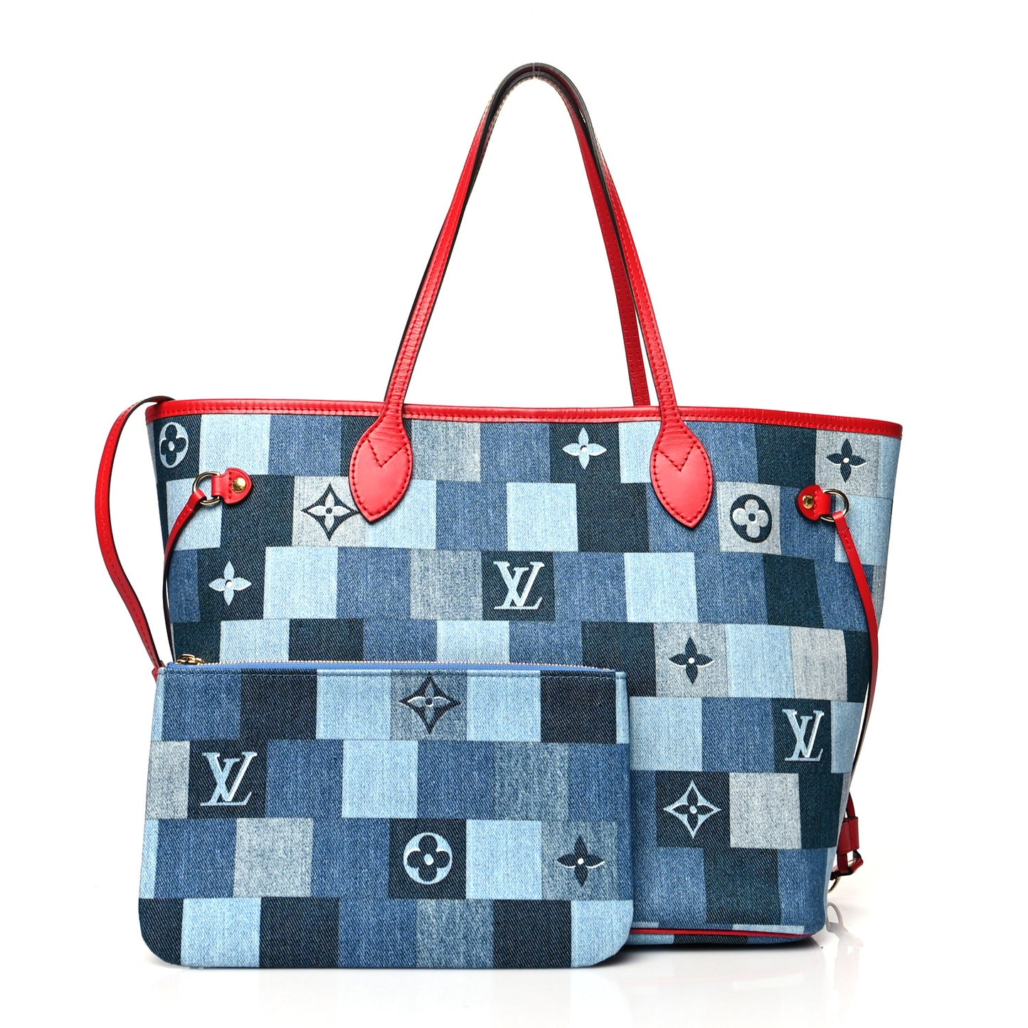 Denim Damier Monogram Patchwork Neverfull Blue Rouge