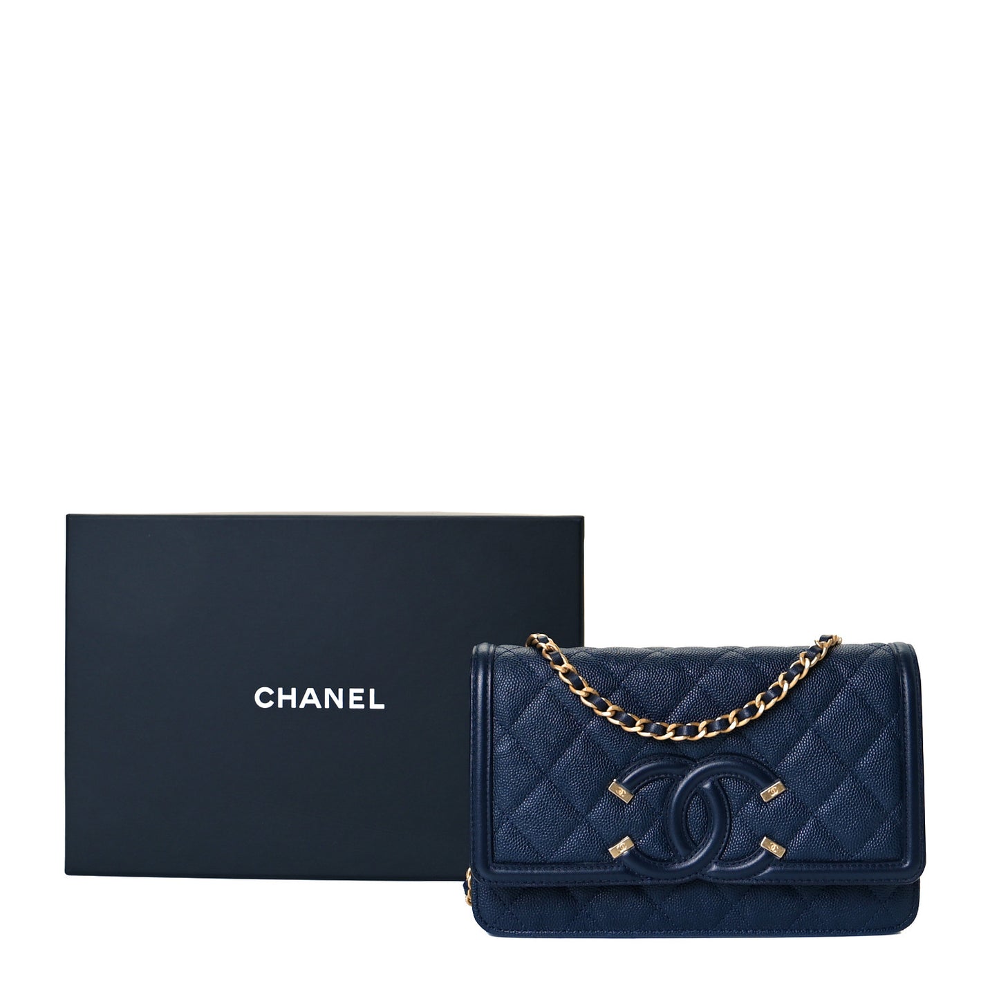 Caviar Quilted CC Filigree Wallet On Chain WOC Navy