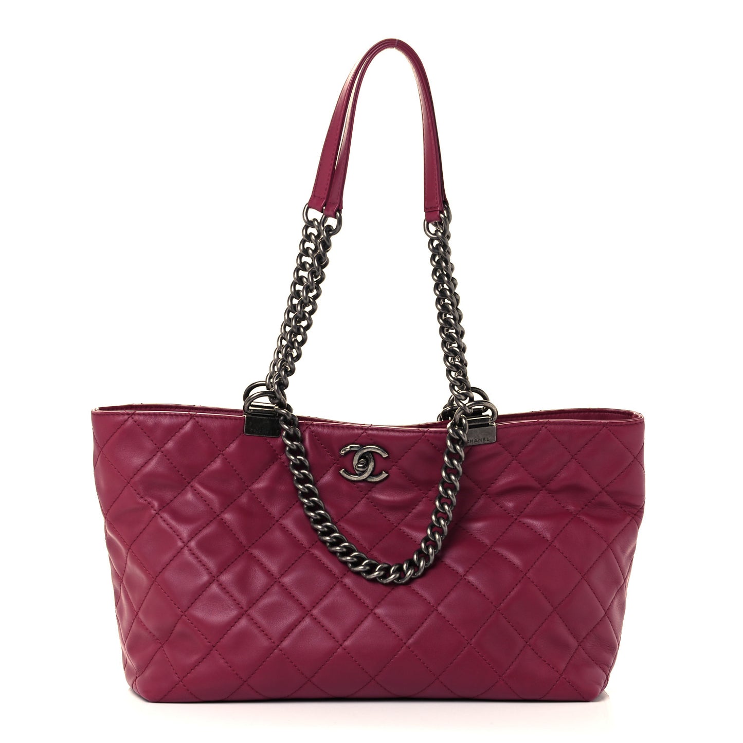 Calfskin Quilted Small Shopping In Chains Tote Dark Pink