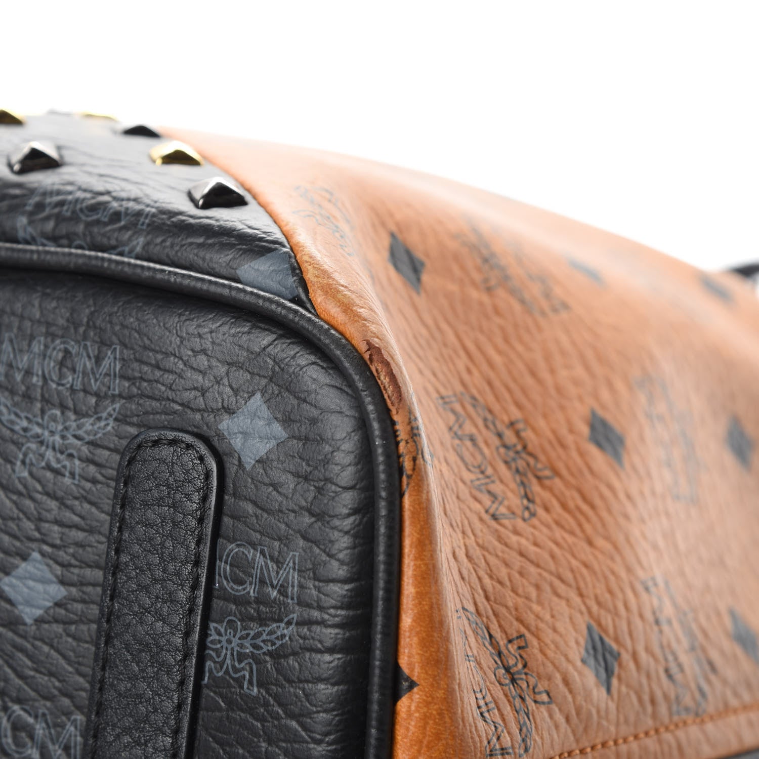 MCM Visetos Studded Medium Bi-Color Shopper Tote Black Cognac 11 of 15