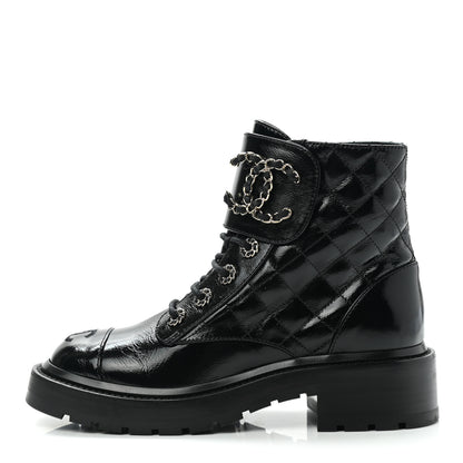 Chanel Shiny Calfskin Quilted Lace Up Combat Boots 35 Black 1 of 9