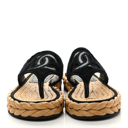 Chanel Terry Cloth Raffia CC Logo Thong Sandals 35 Black 2 of 9
