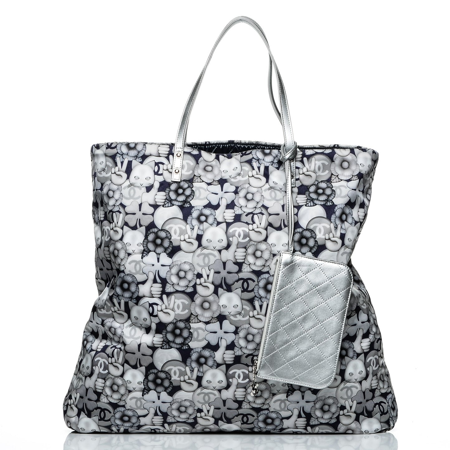Nylon Cat Emoticon Tote Navy Silver