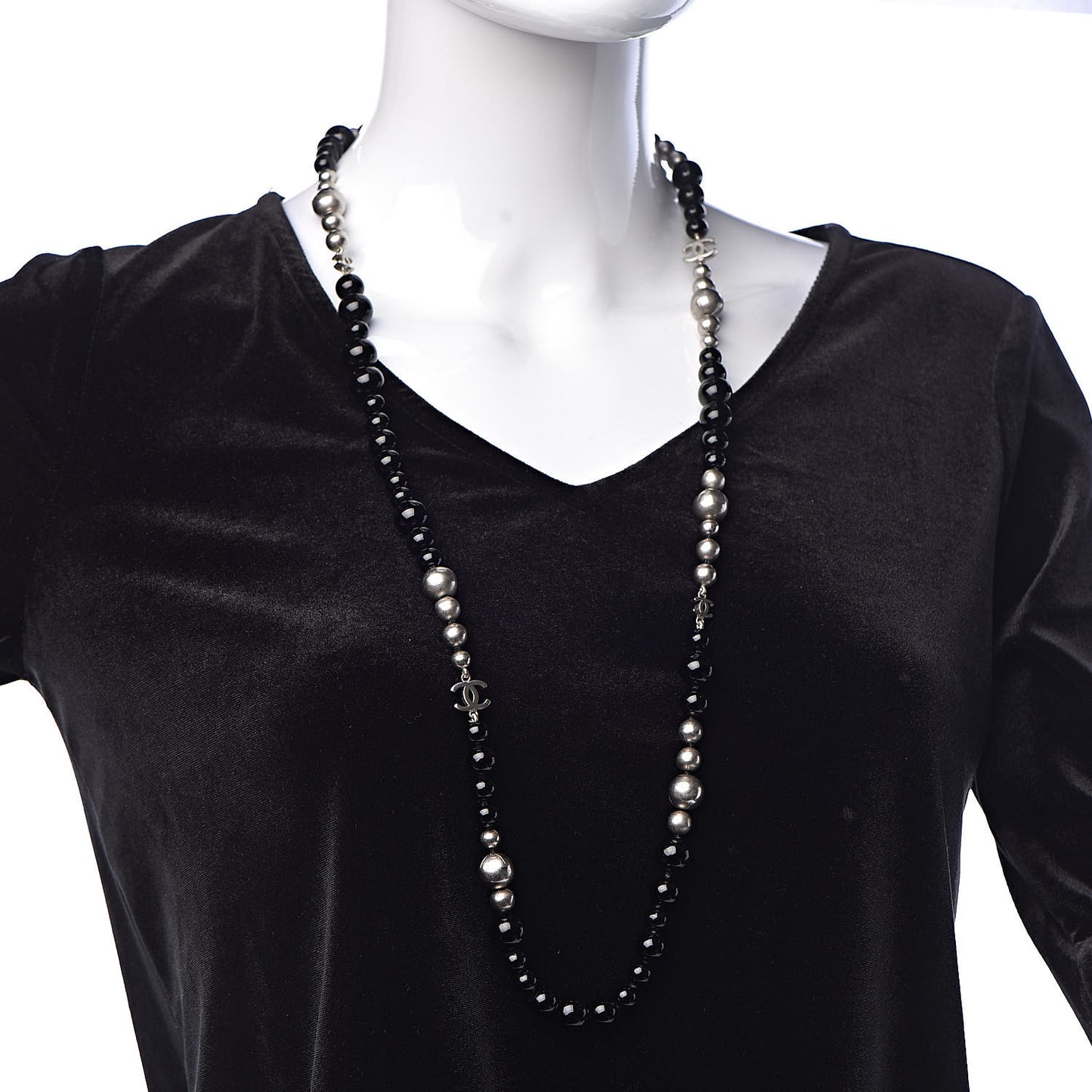 Pearl Beaded CC Long Necklace Black