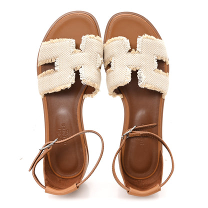 Hermes Linen Canvas Fringed Santorini Sandals 36 Beige 2 of 9
