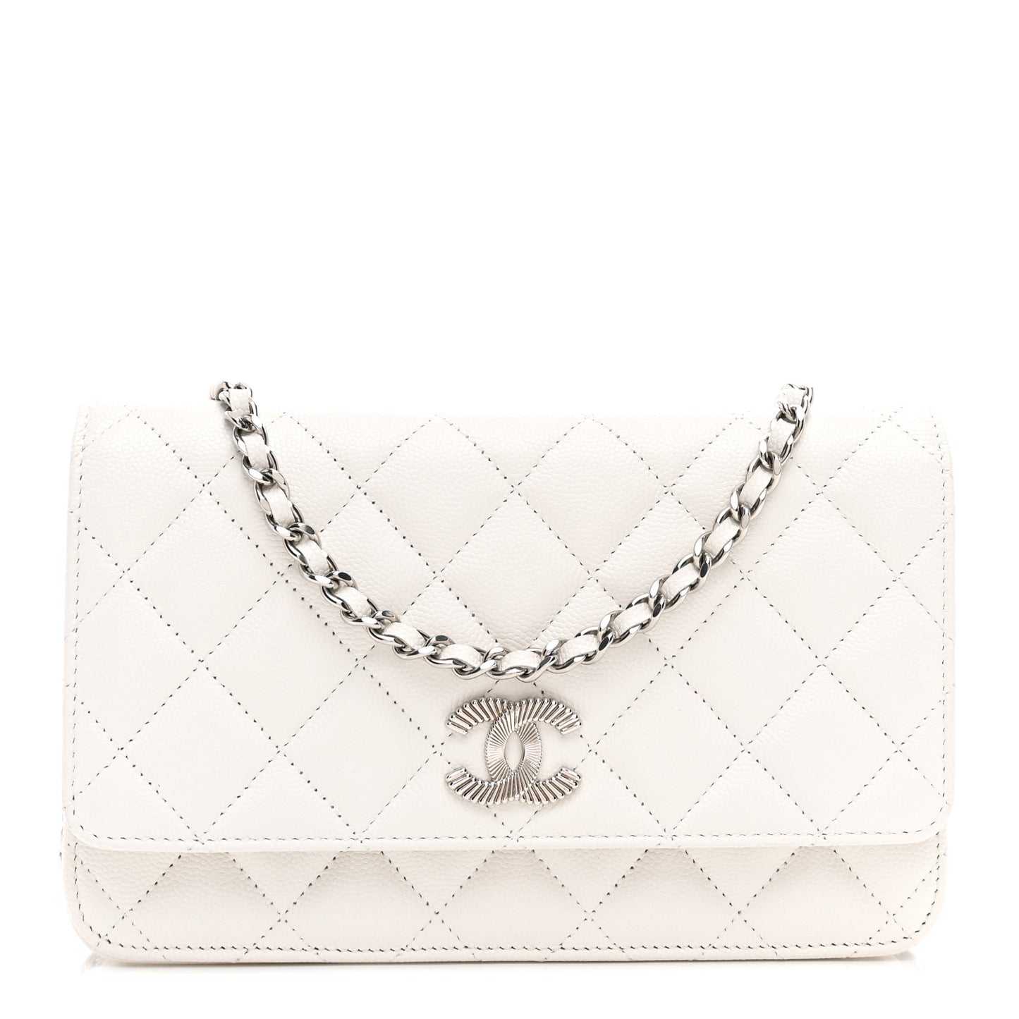 Caviar Quilted Ribbed Metal Wallet on Chain WOC White