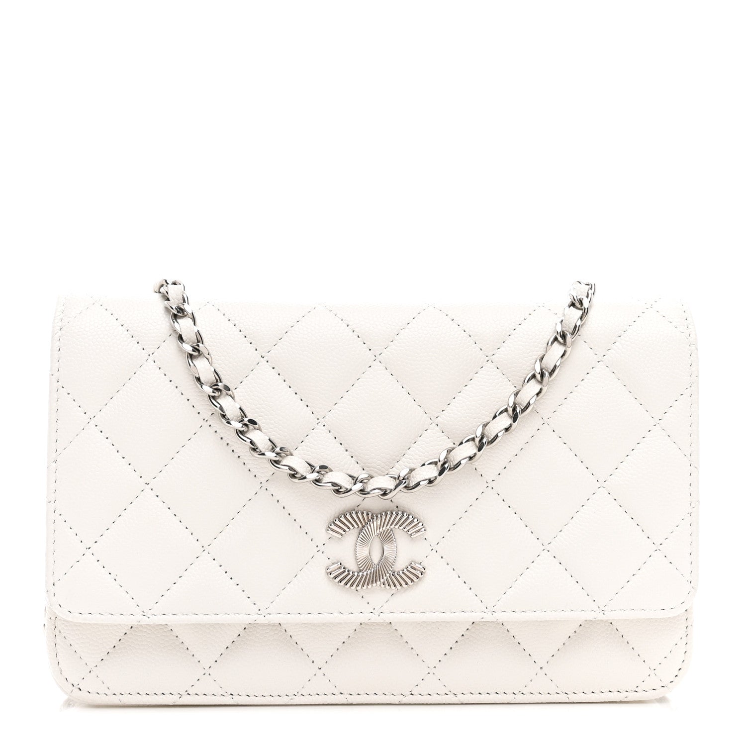 Chanel Caviar Quilted Ribbed Metal Wallet on Chain WOC White 1 of 12