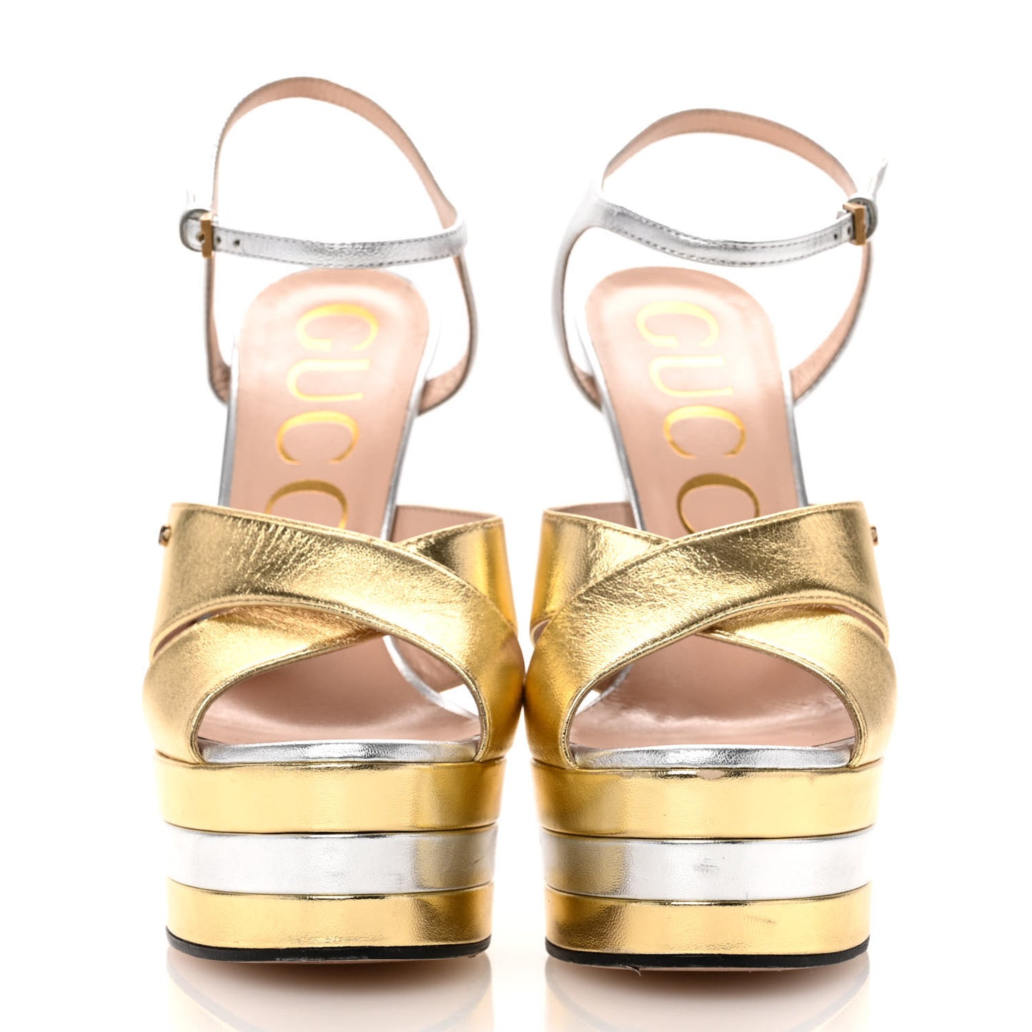 Metallic Nappa GG Marmont Ankle Wrap 30/115mm Platform Sandals 38 Argento Gold