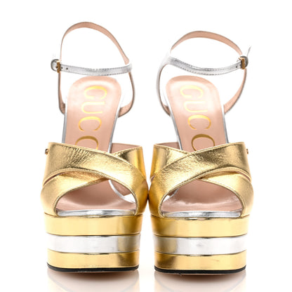 Gucci Metallic Nappa GG Marmont Ankle Wrap 30/115mm Platform Sandals 38 Argento Gold 3 of 9