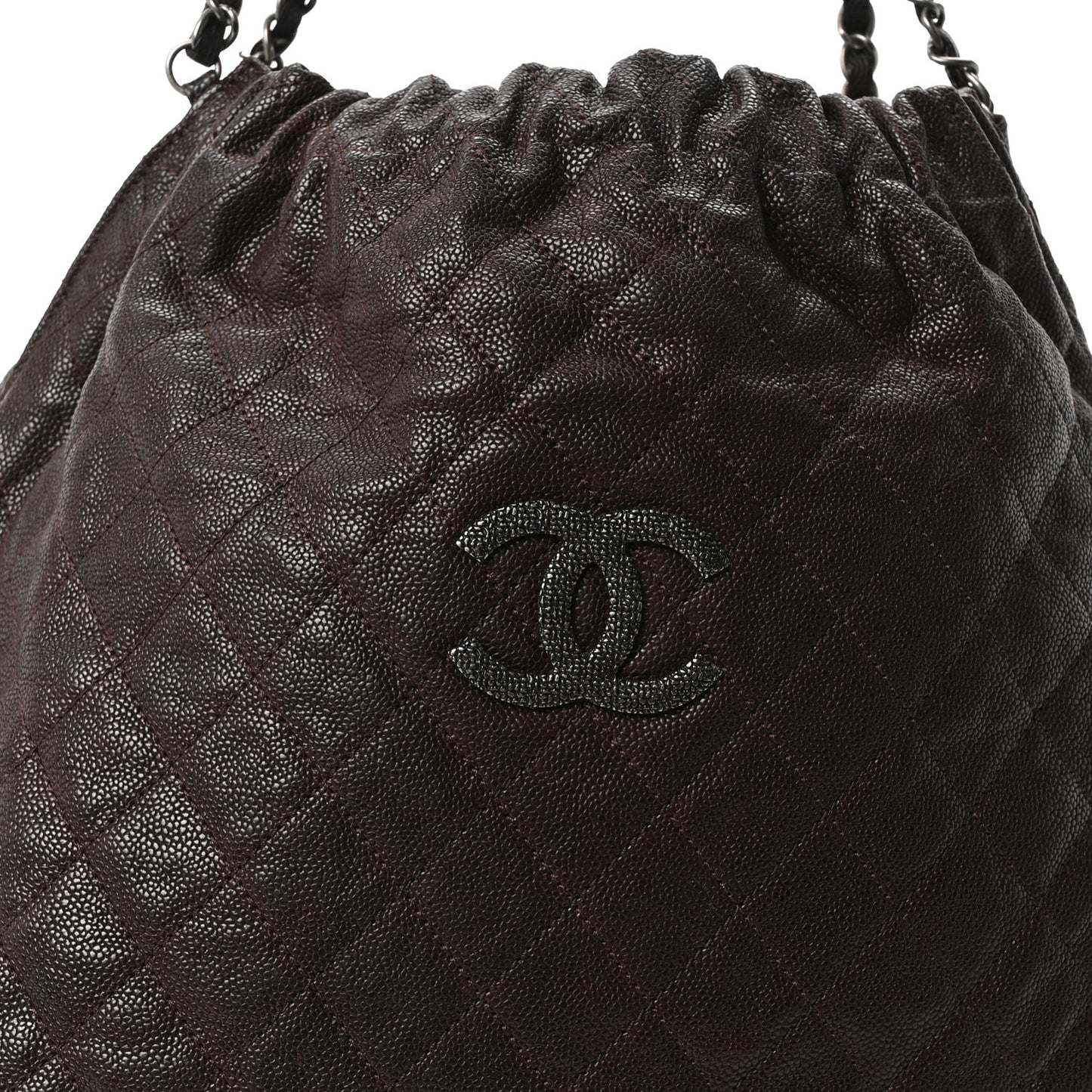 Distressed Glazed Caviar Quilted Large Elastic Tote Dark Brown