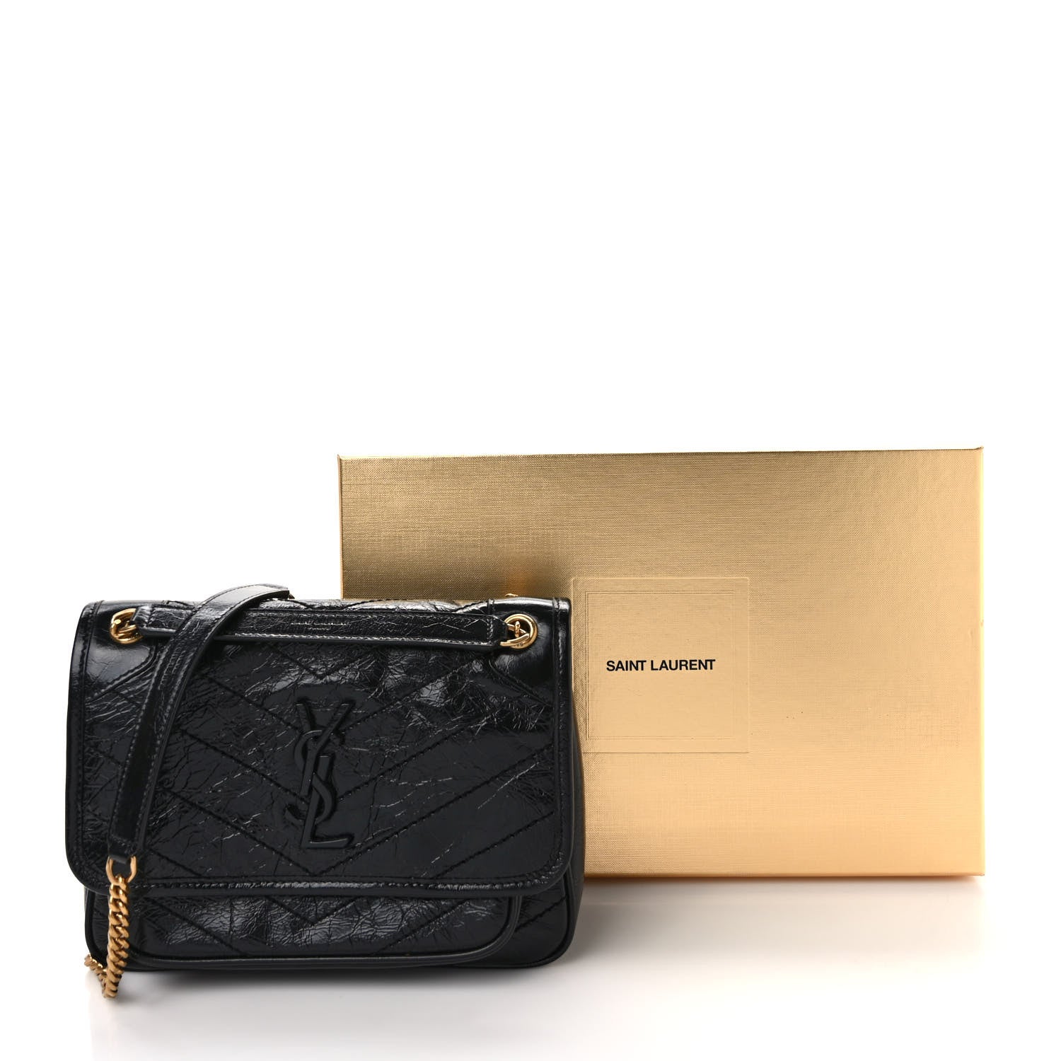 Saint Laurent Crinkled Calfskin Matelasse Monogram Baby Niki Chain Satchel Black 9 of 9