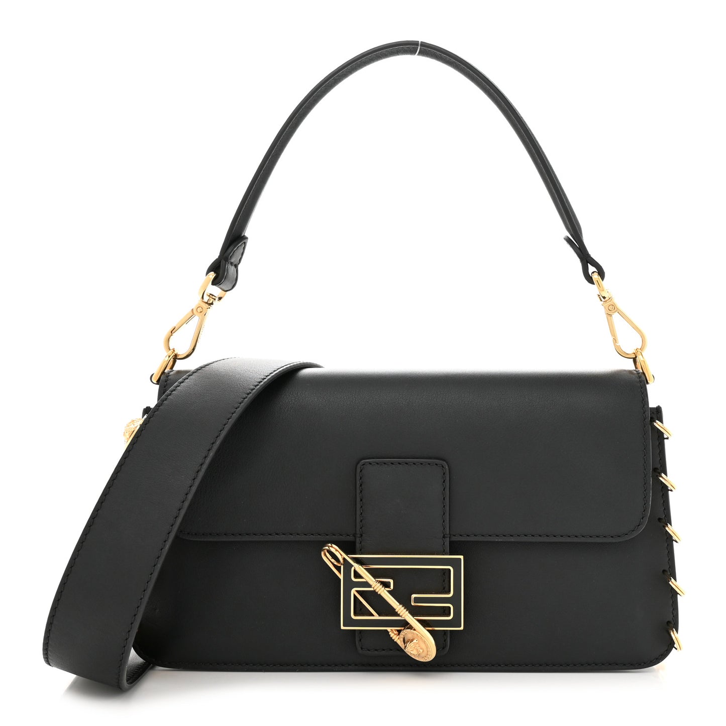 X VERSACE Vitello Seta Fendace Brooch Baguette Black