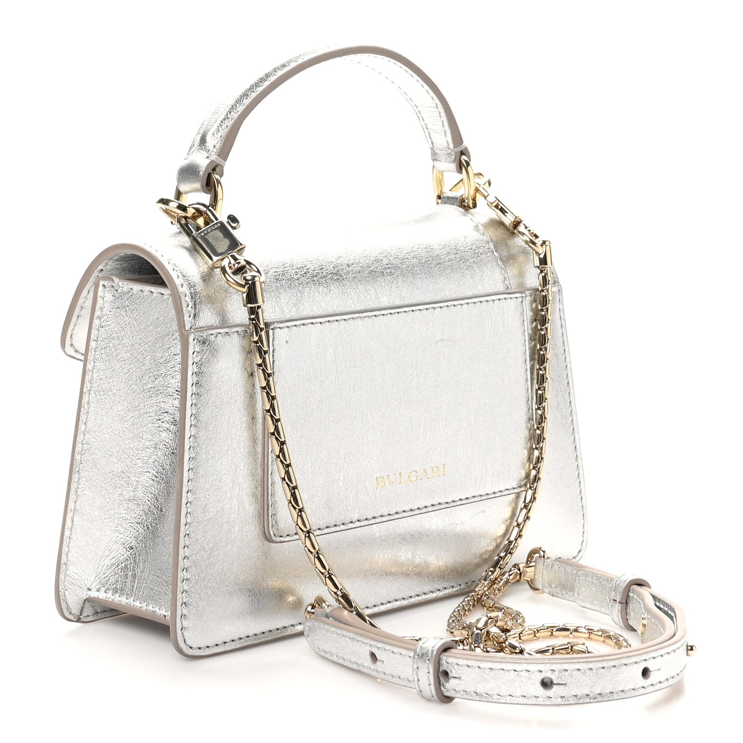 Metallic Calfskin Mini Serpenti Forever Top Handle Silver