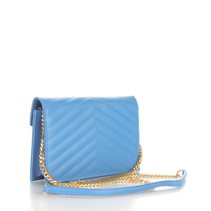 Saint Laurent Grain De Poudre Matelasse Chevron Monogram Envelope Chain Wallet Blue Clair 3 of 7