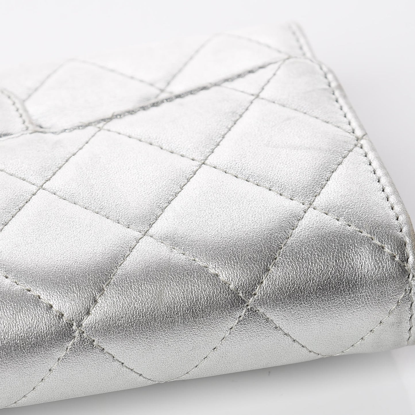 Metallic Lambskin Quilted Long Flap Wallet Silver