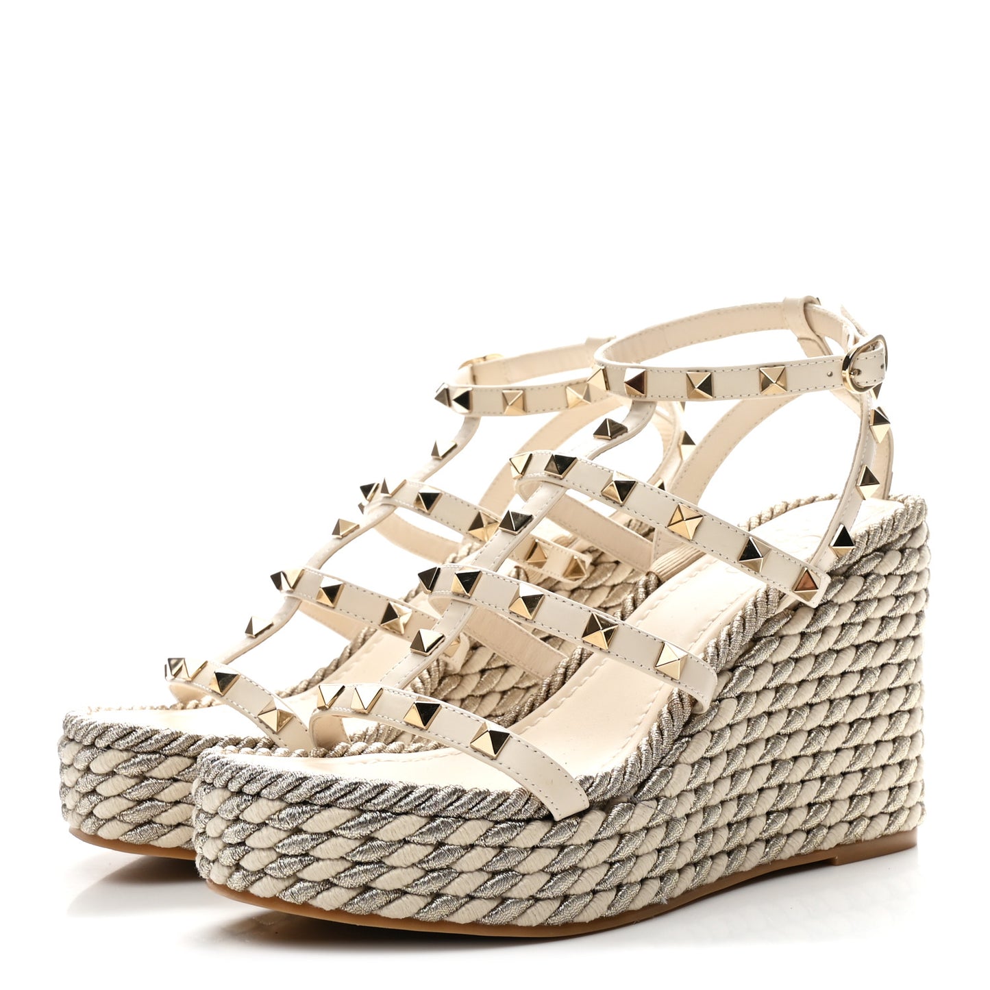 Calfskin Rockstud Ankle Strap Torchon Espadrille Caged 25/95mm Wedge Sandals 37 White