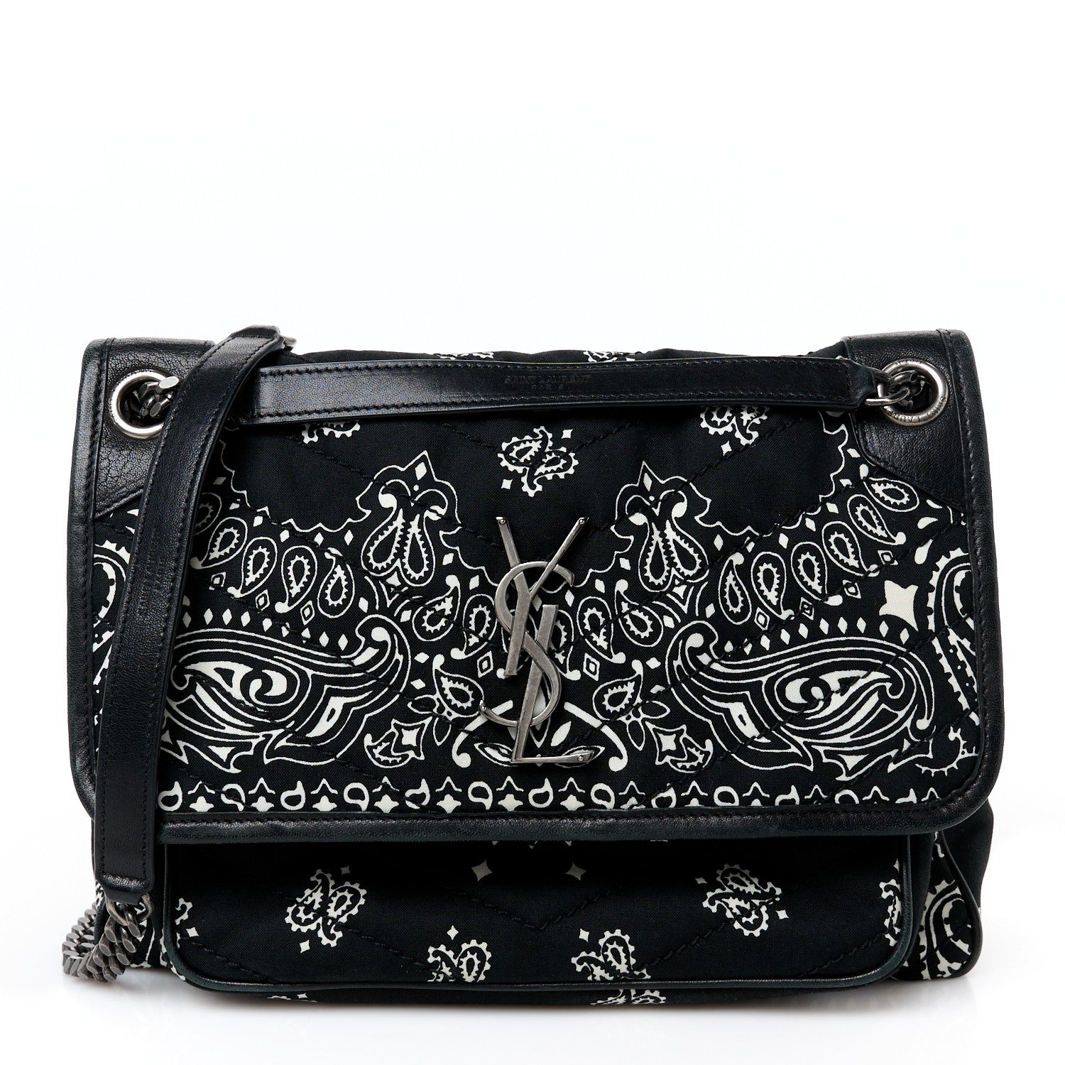 Saint Laurent Cotton Bandana Monogram Medium Niki Chain Satchel Black White 1 of 11