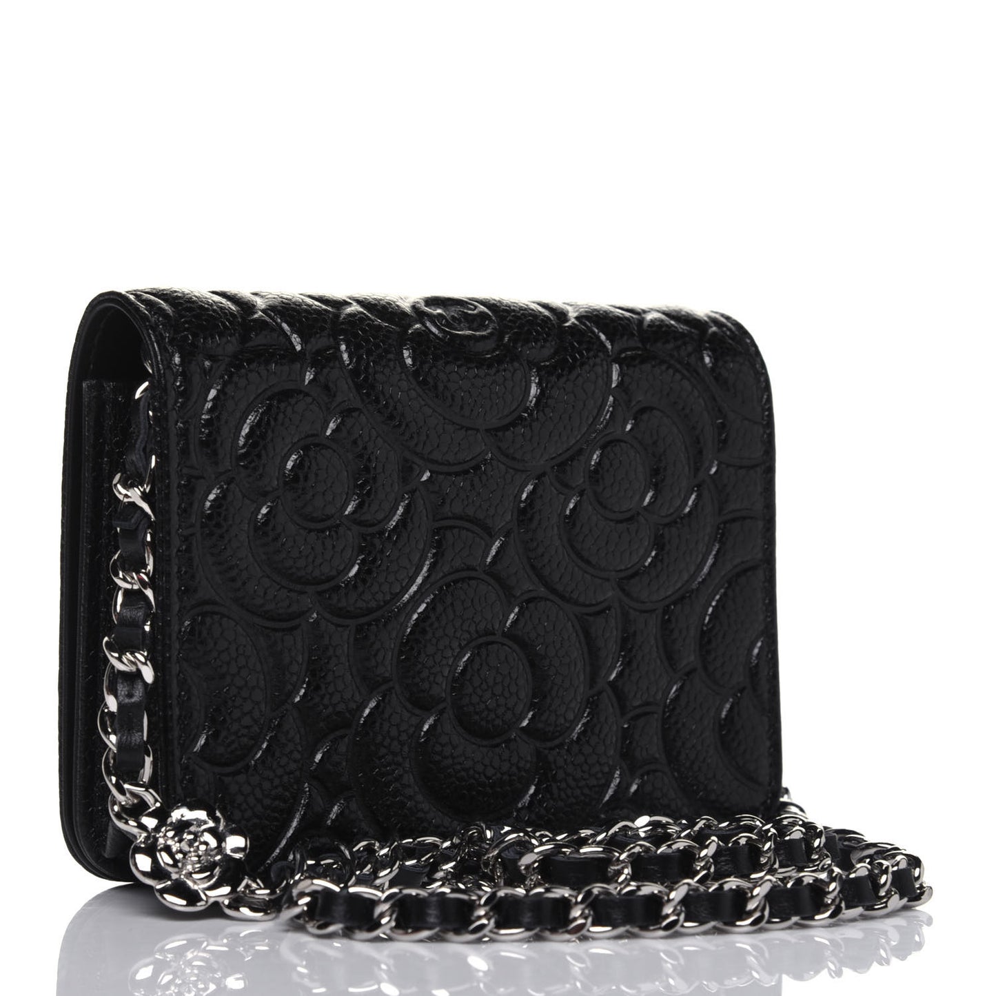 Caviar Camellia Embossed Chain Belt Bag Black