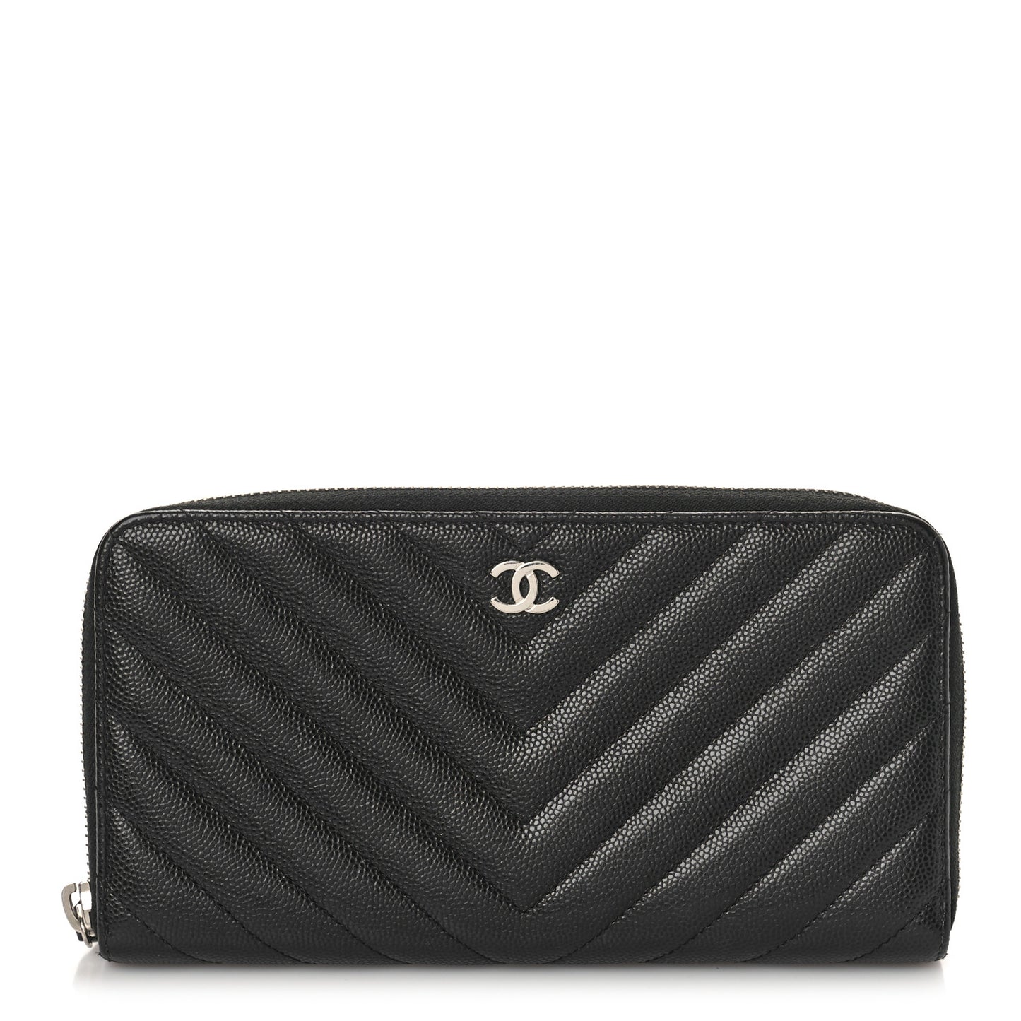 Caviar Chevron Quilted Large Gusset Zip Around Wallet Black