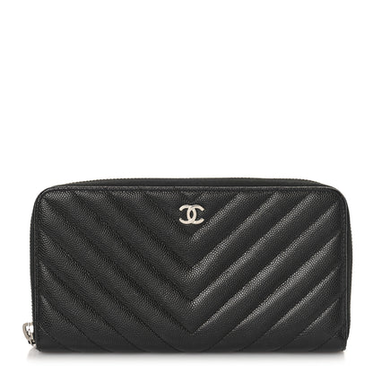 Chanel Caviar Chevron Quilted Large Gusset Zip Around Wallet Black 1 of 9