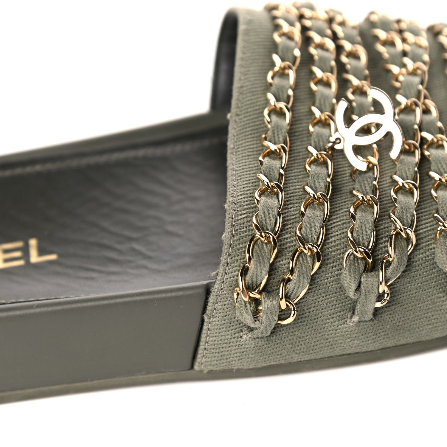 Chanel Canvas Chain Flat Sandals 39 Khaki 9 of 10