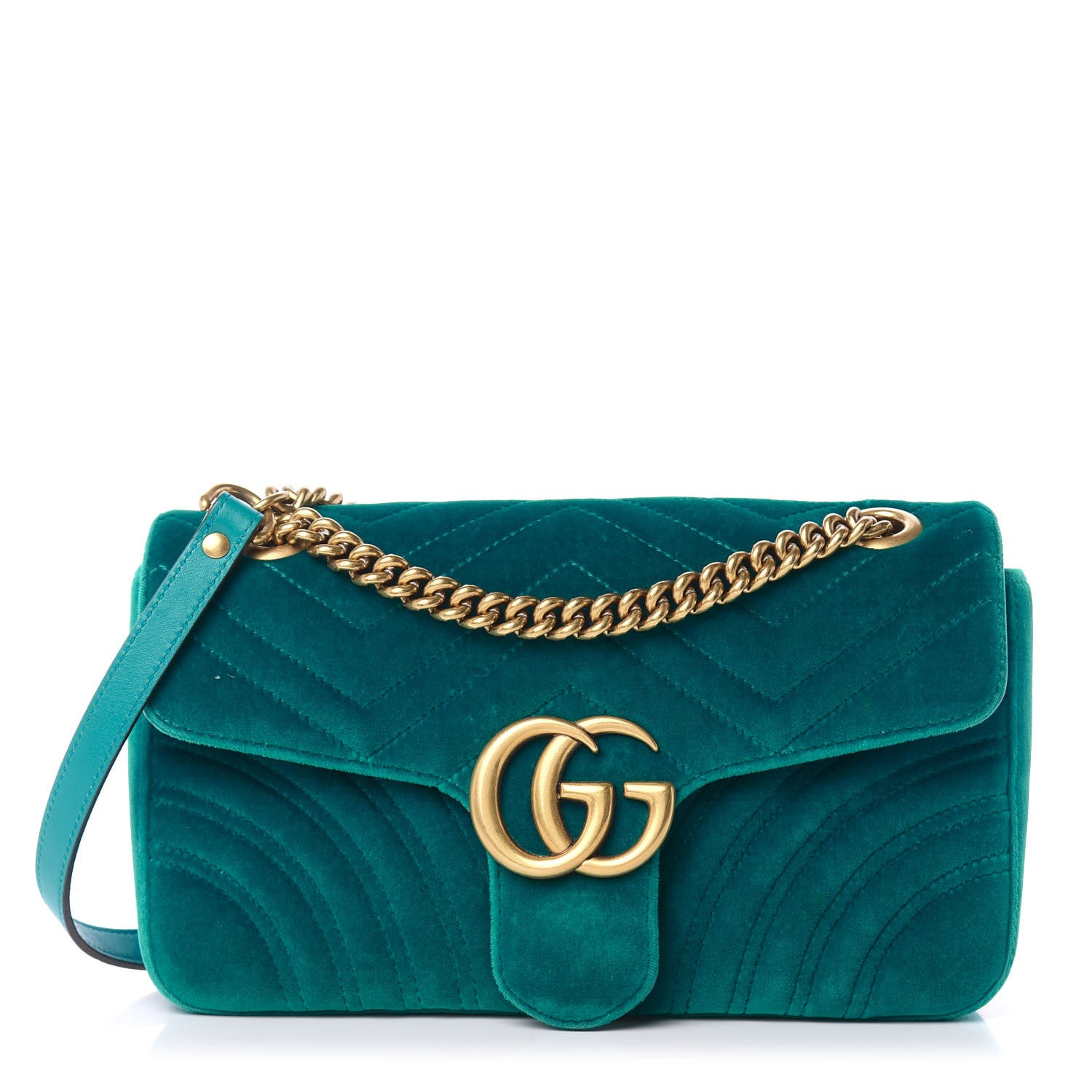 Gucci Velvet Matelasse Small GG Marmont Shoulder Bag Pavone Cyan 1 of 13