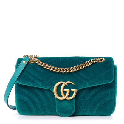 Gucci Velvet Matelasse Small GG Marmont Shoulder Bag Pavone Cyan 1 of 13