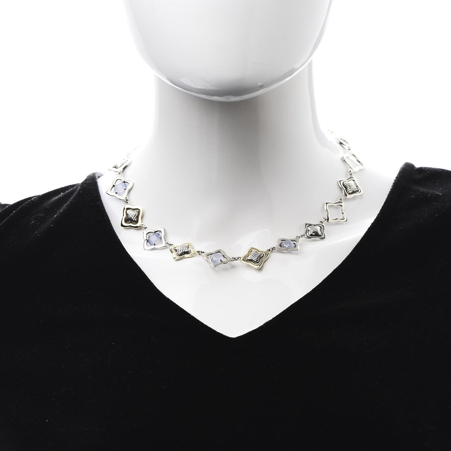 Sterling Silver 18K Yellow Gold Chalcedony Quatrefoil Link Necklace