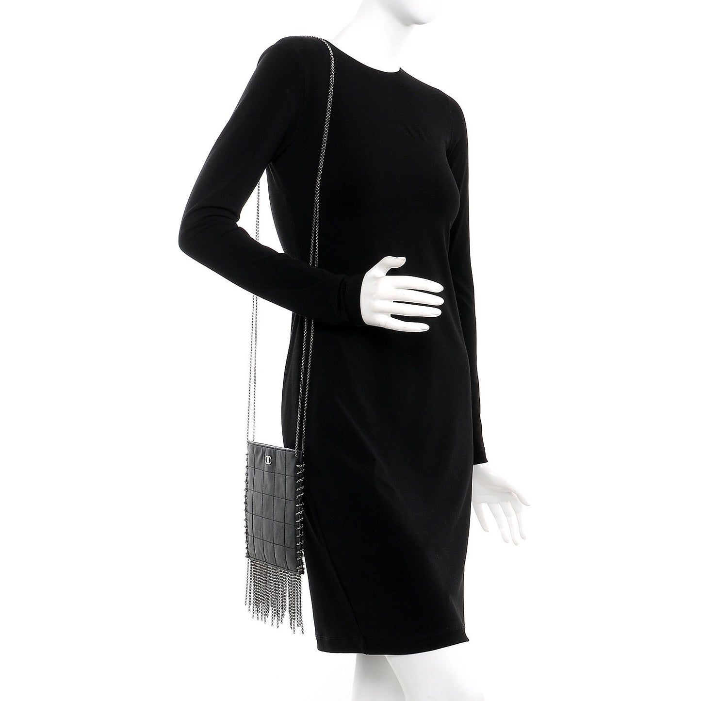 Lambskin Square Stitched Chain Fringe Crossbody Black