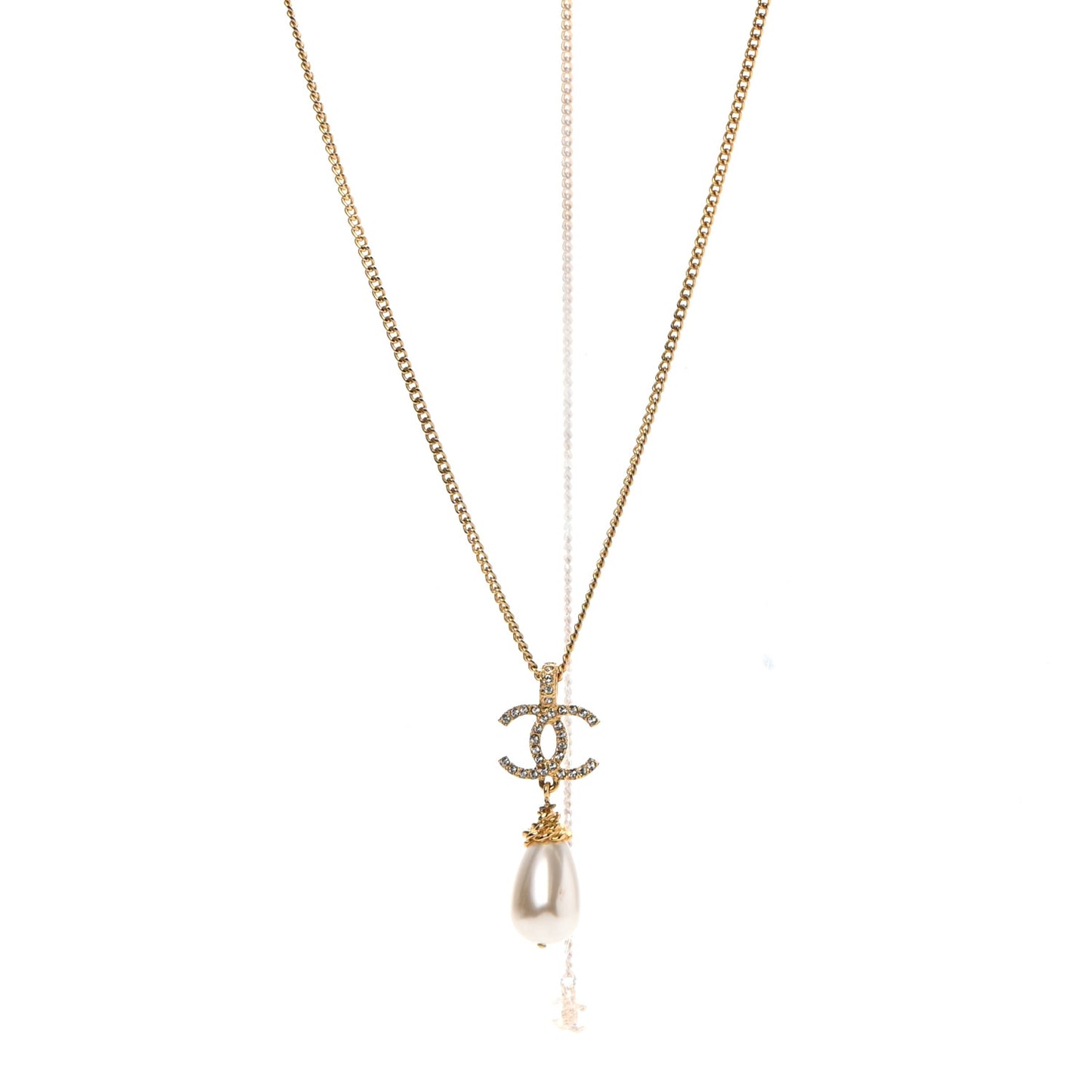 Pearl Crystal Twisted CC Drop Necklace Gold