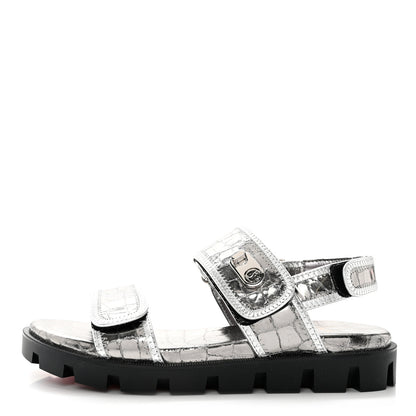 Christian Louboutin Metallic Calfskin Alligator Embossed Nappa Lock Cool Flat Sandals 37 Silver 1 of 7