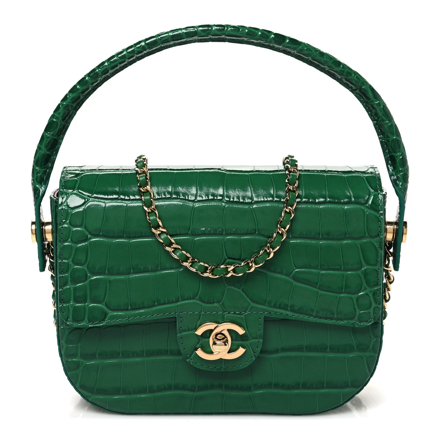 Calfskin Crocodile Embossed Turn Around Clutch With Chain Green