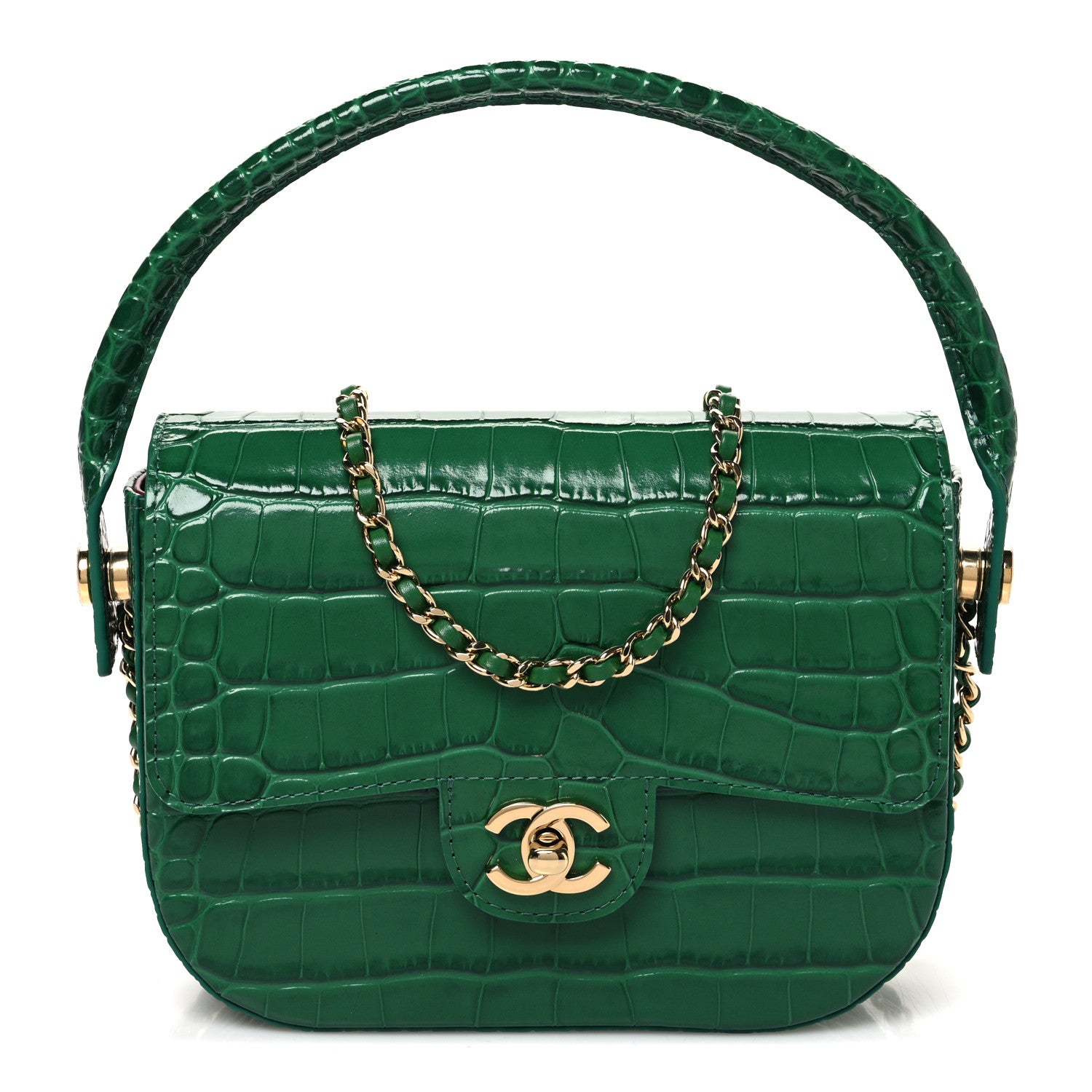 Chanel Calfskin Crocodile Embossed Turn Around Clutch With Chain Green 1 of 11