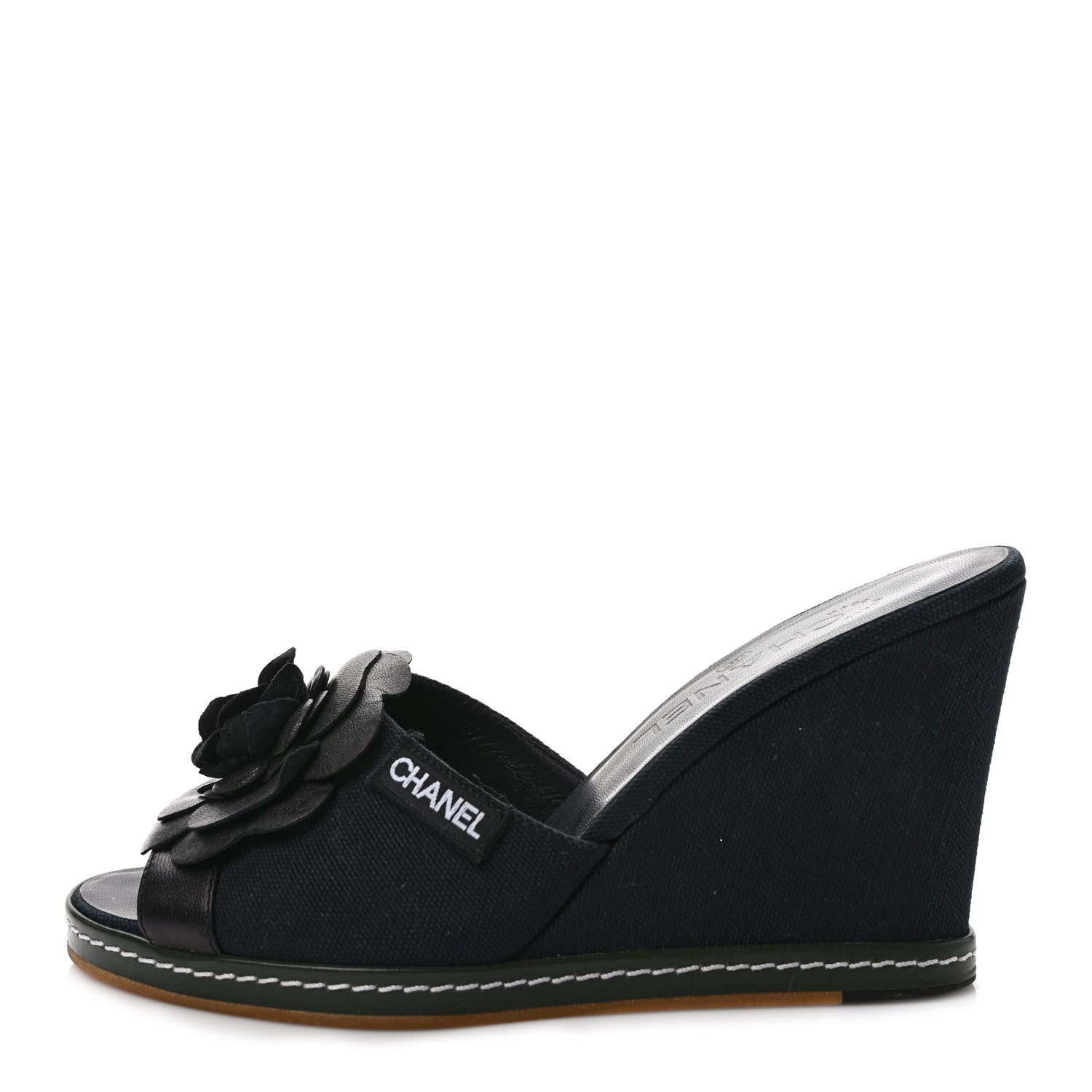 Chanel Canvas Camellia Wedge Sandals 38.5 Black 38 Black 1 of 9