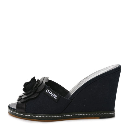 Chanel Canvas Camellia Wedge Sandals 38.5 Black 38 Black 1 of 9