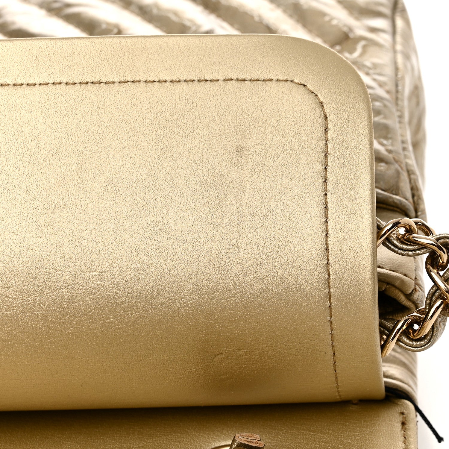 Chanel Metallic Patent Crumpled Calfskin Chevron Quilted Medium Double Flap Gold 9 of 11