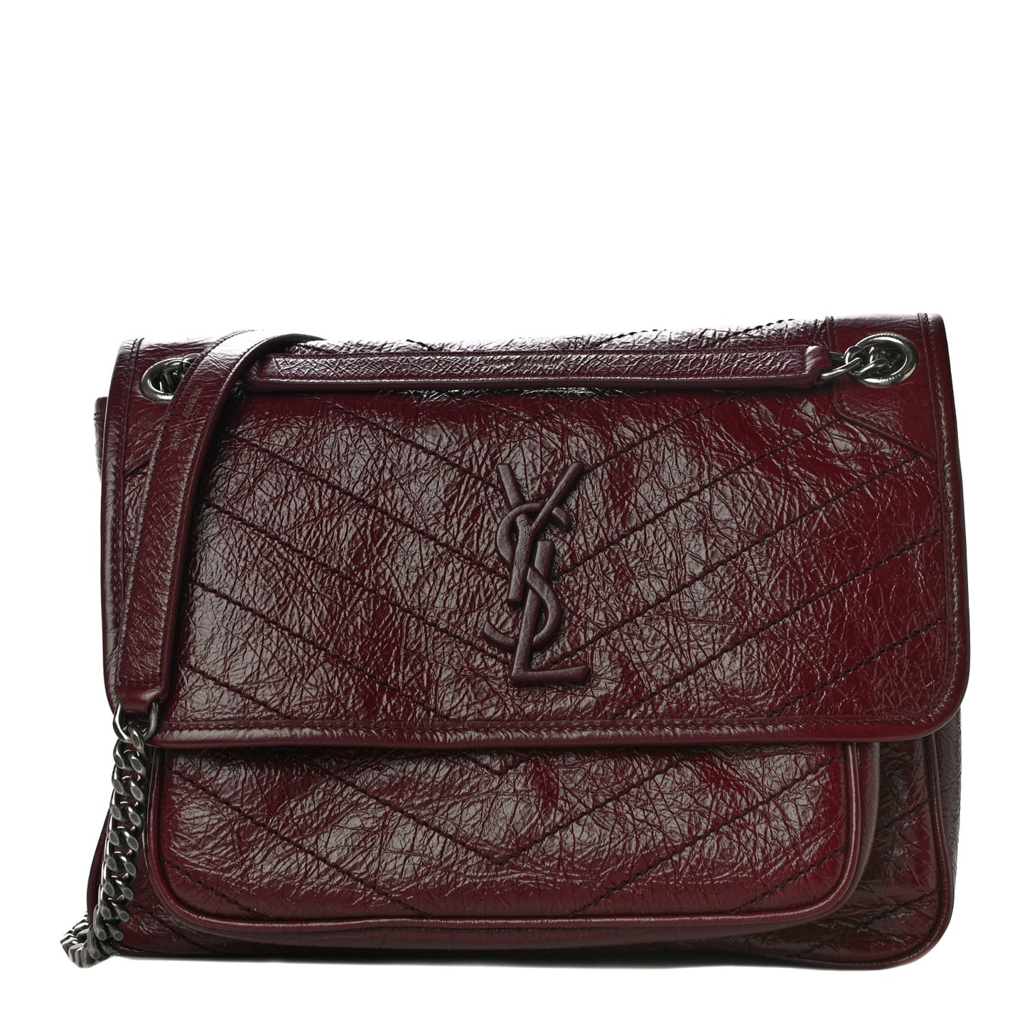 Crinkled Calfskin Matelasse Monogram Medium Niki Chain Satchel Burgundy