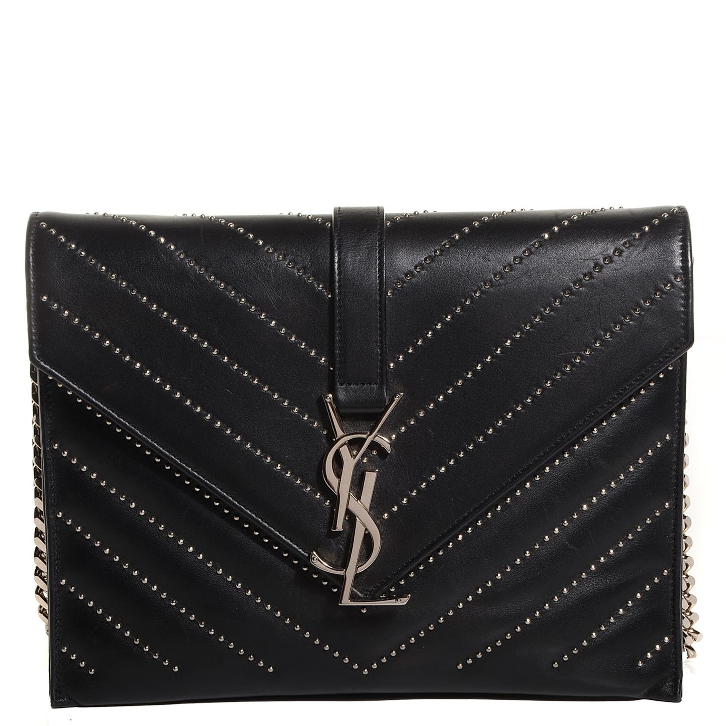 Calfskin Monogram Chevron Studded Shoulder Bag Black