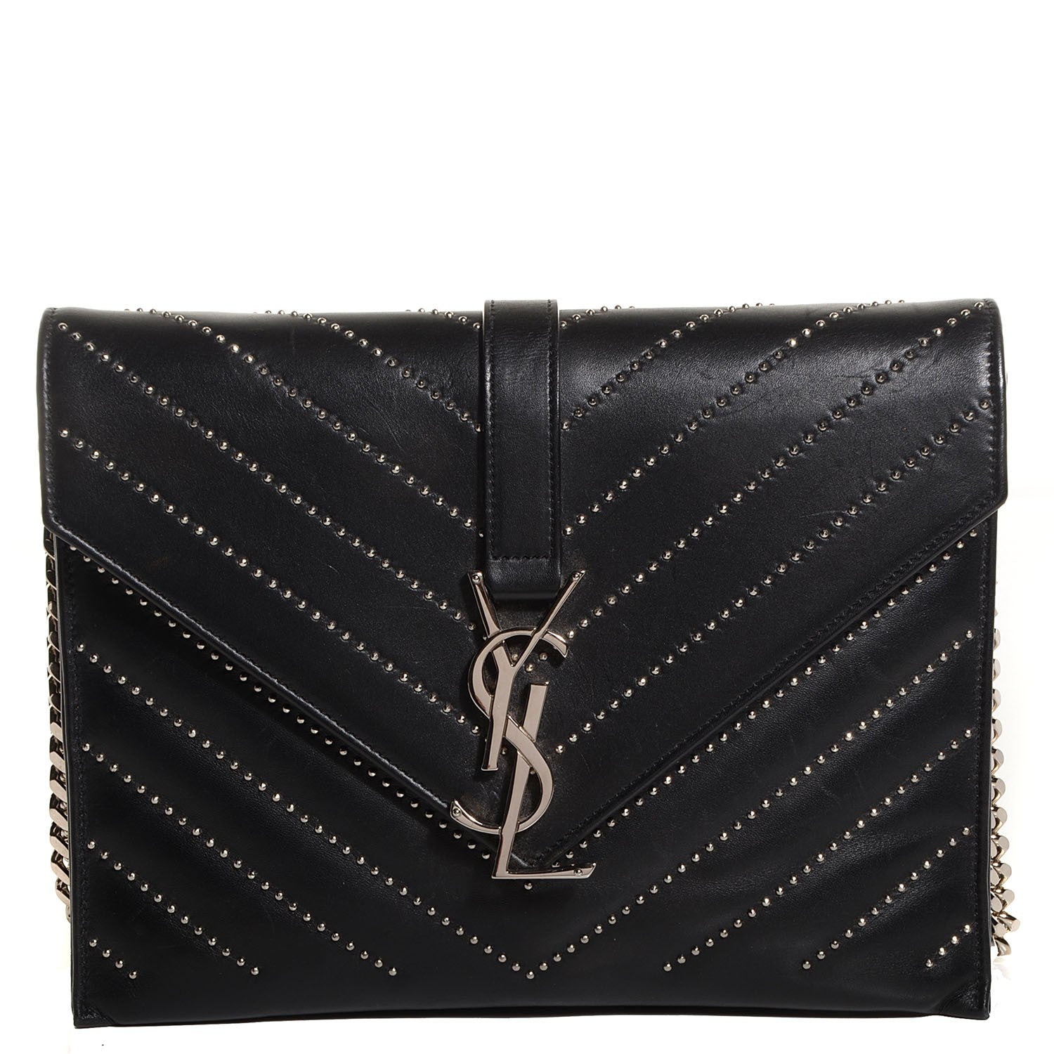 Saint Laurent Calfskin Monogram Chevron Studded Shoulder Bag Black 1 of 8