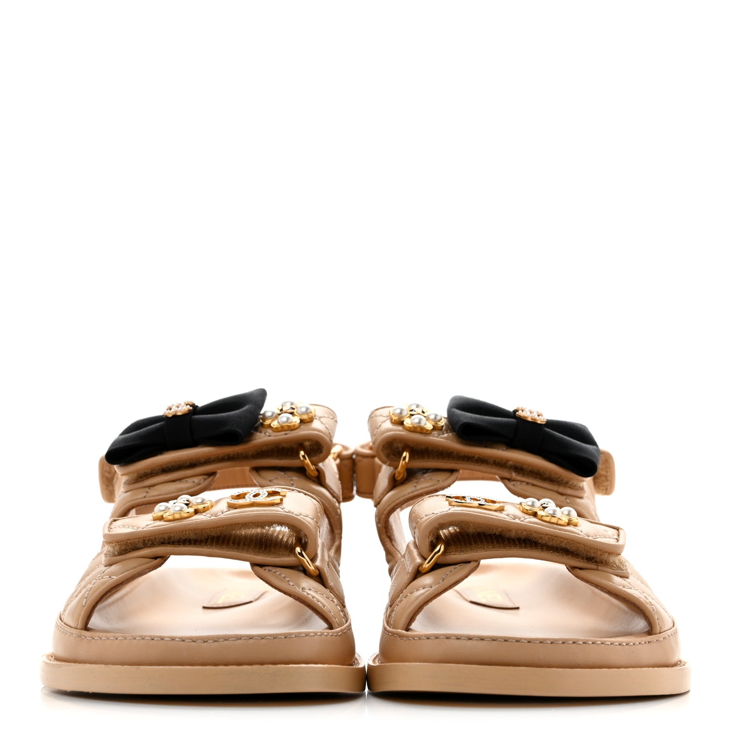 Lambskin Velcro CC Pearl Bow Dad Sandals 38 Beige