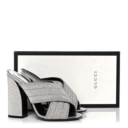 Gucci Glitter Fabric Webby Crossover High Heel Slide Sandals 37 Argento 9 of 9