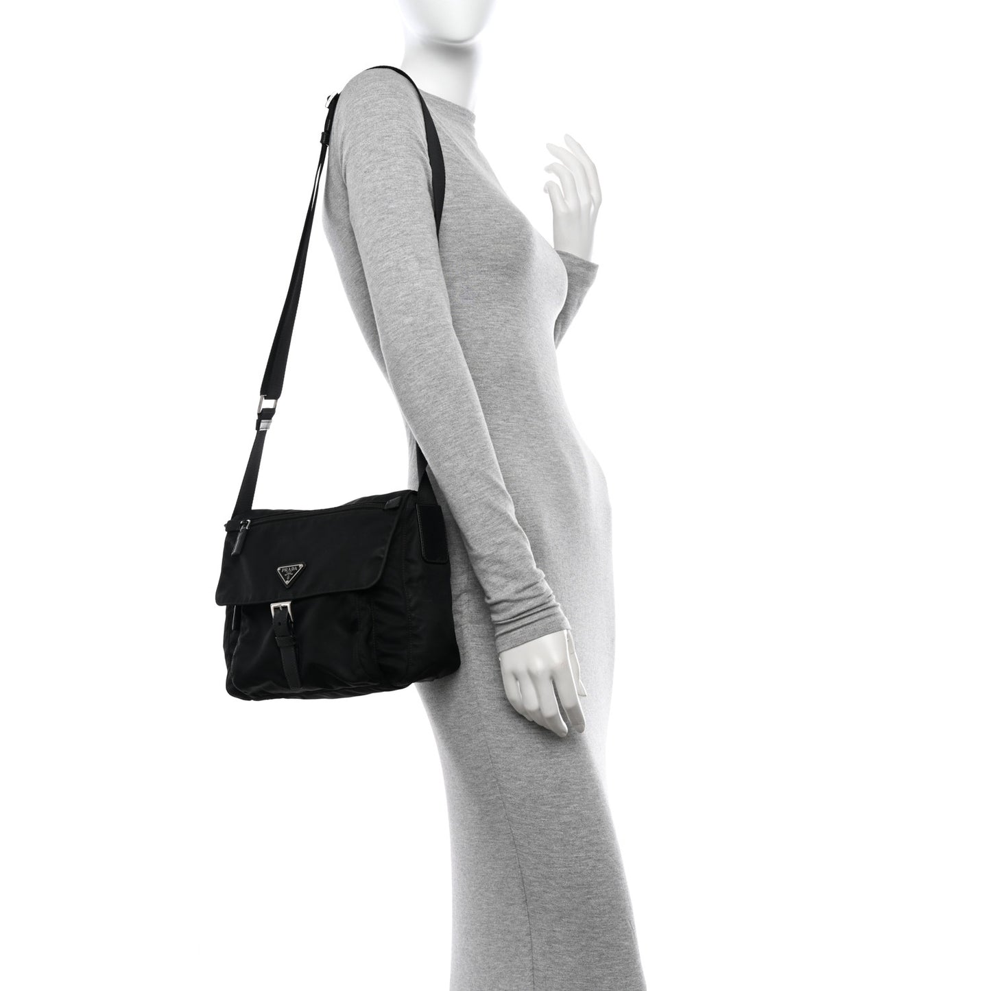 Re-Nylon Vela Saffiano Pocket Single Buckle Messenger Shoulder Bag Black