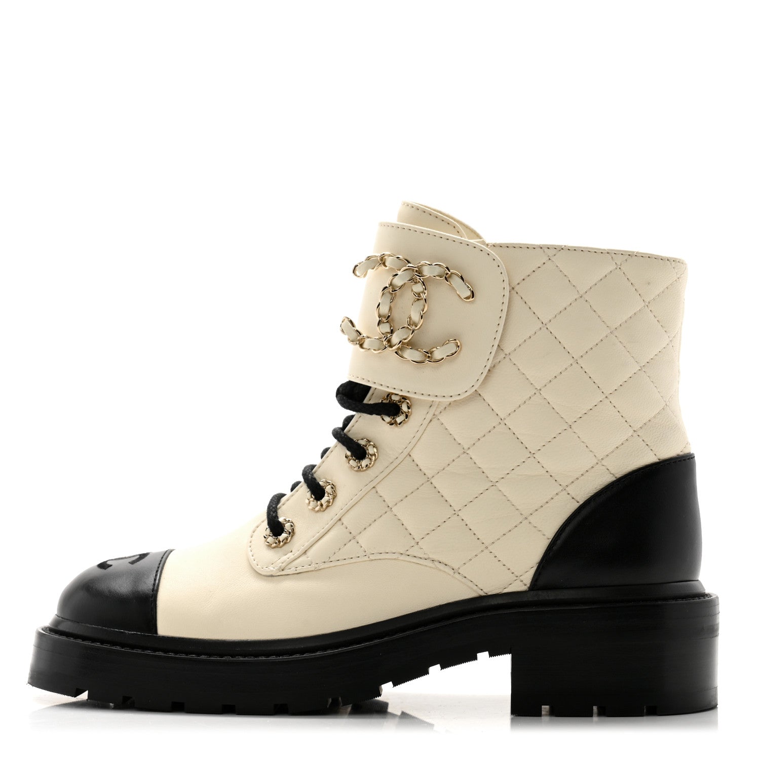 Chanel Shiny Goatskin Calfskin Quilted Lace Up Combat Boots 37 Black White 1 of 9