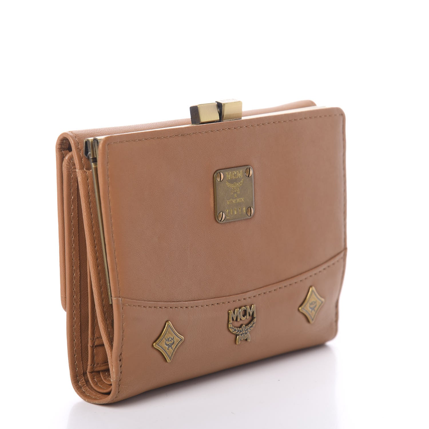 MCM Calfskin Studded Compact Wallet Cognac 3 of 6