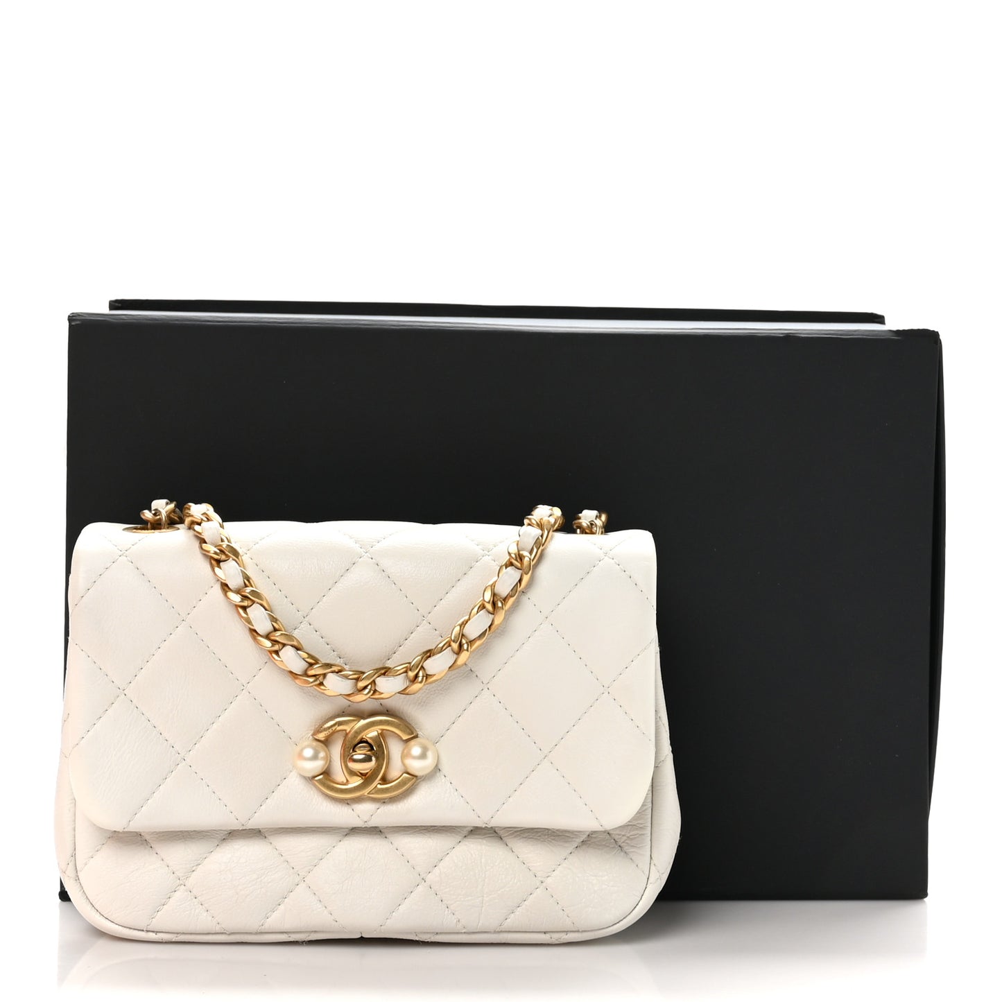 Glazed Calfskin Quilted Mini Pearl Side Flap White