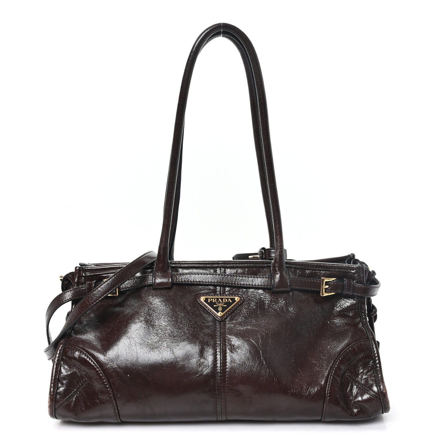 Prada Glossy Calfskin Triangle Medium Bonnie Shoulder Bag Dark Brown 1 of 9
